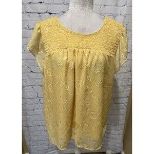 Blousology Women’s XL Flutter Sleeve Layered Lined Floral Print Polka Dot Yellow